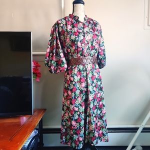 Vintage 70s Floral Puff Sleeve Button Down Maxi House Dress L XL